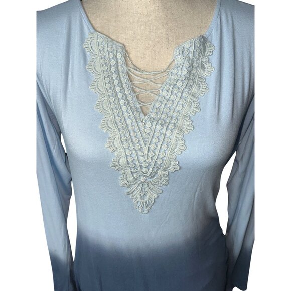 Venus Blue Ombre Long-Sleeve Maxi Dress With Lace-Up Neckline Ruched Side XL - Picture 2 of 6